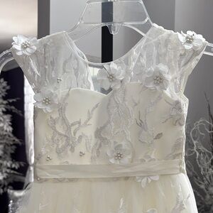 Charming Ivory Lace Kids Dress with Floral Accents